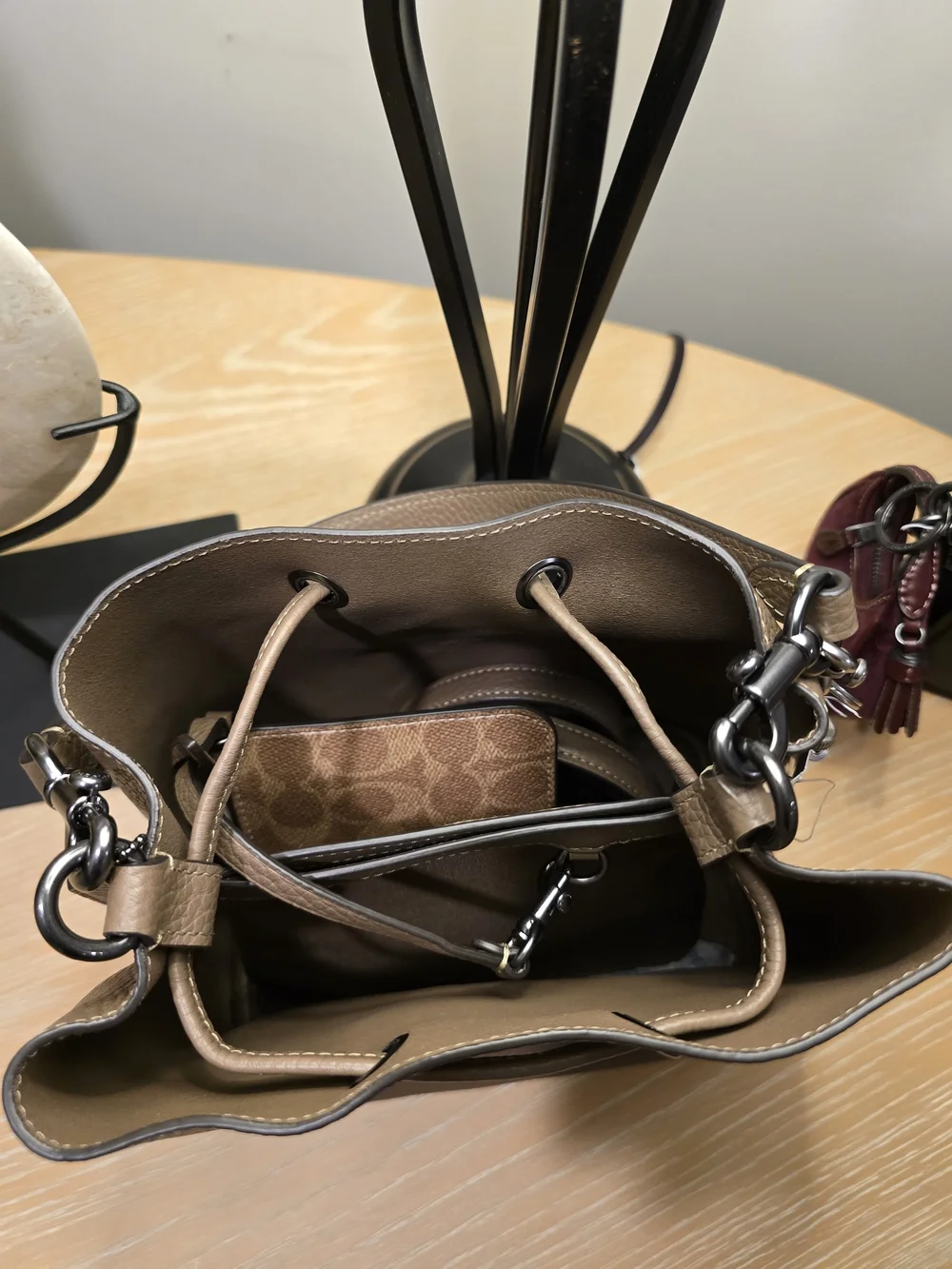 Coach Pebbled Leather Drawstring Bucket Bag - Taupe w/Coach Charm & Wallet